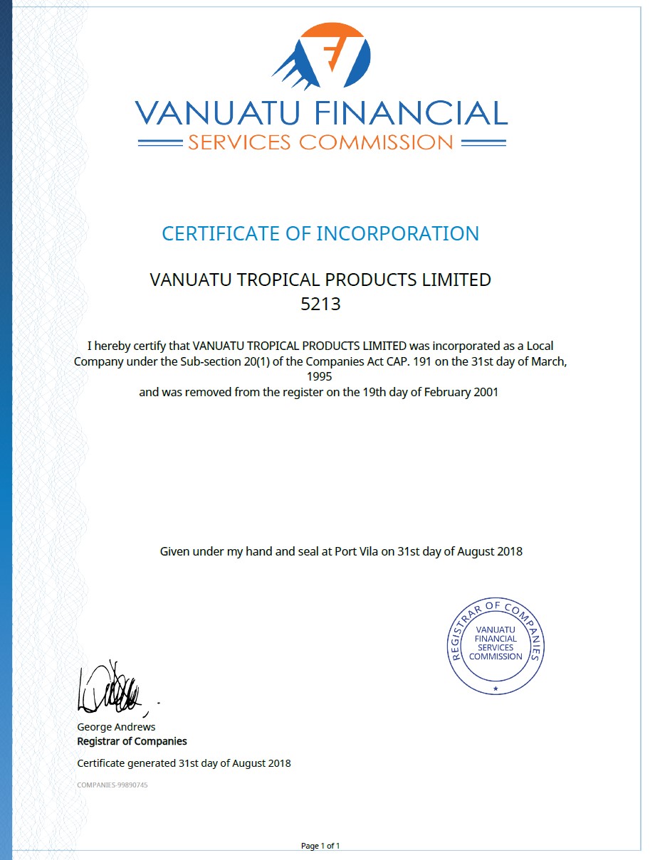 Certificate of Incorporation из реестра Вануату
